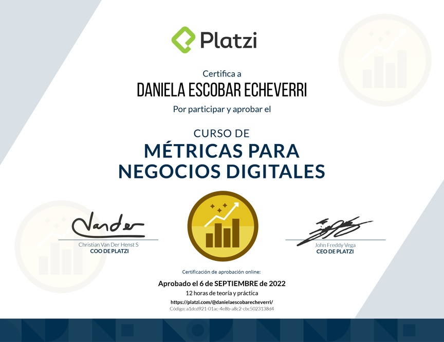 Diploma del Curso de Métricas para Medir el Crecimiento de tu Negocio Digital