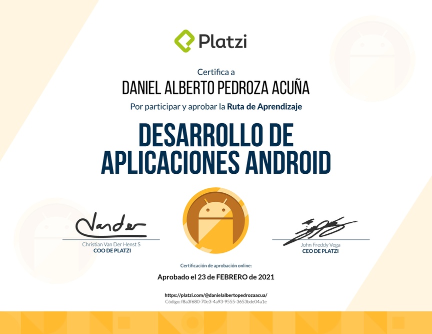 Diploma de la Ruta de Aprendizaje de Desarrollo de Aplicaciones Android