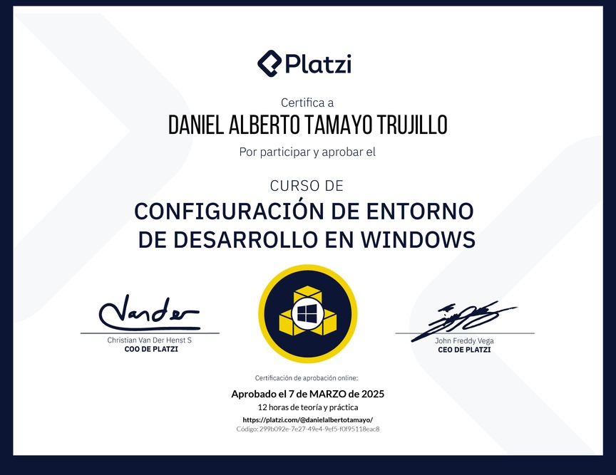 Diploma del Curso de Configuración de Entorno de Desarrollo en Windows