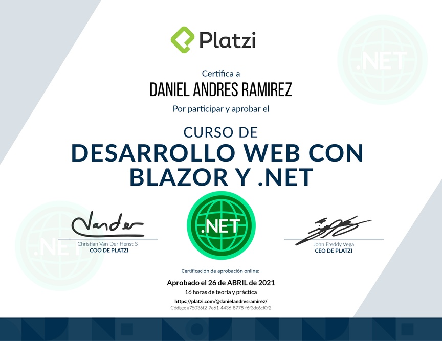 Diploma del Curso de Desarrollo Web con Blazor y .Net Core 3