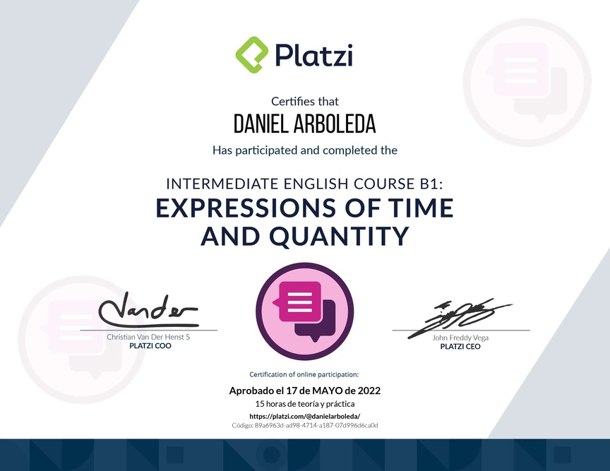 Diploma del Curso de Inglés Intermedio: Expresiones de Tiempo y Cantidad 2021