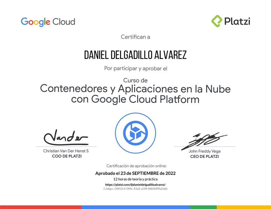 Diploma del Curso de Contenedores y Aplicaciones en la Nube con Google Cloud Platform