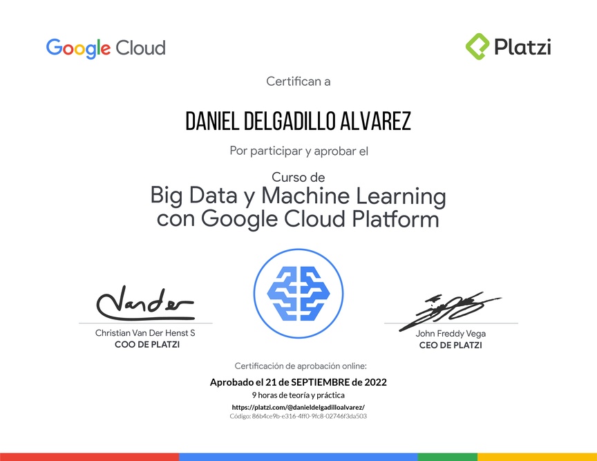 Diploma del Curso de Big Data y Machine Learning con Google Cloud Platform