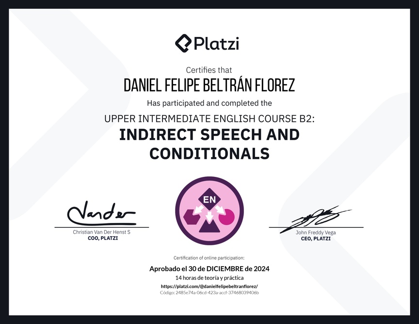 Diploma del Curso de Inglés Intermedio Alto B2: Discurso Indirecto y Condicionales