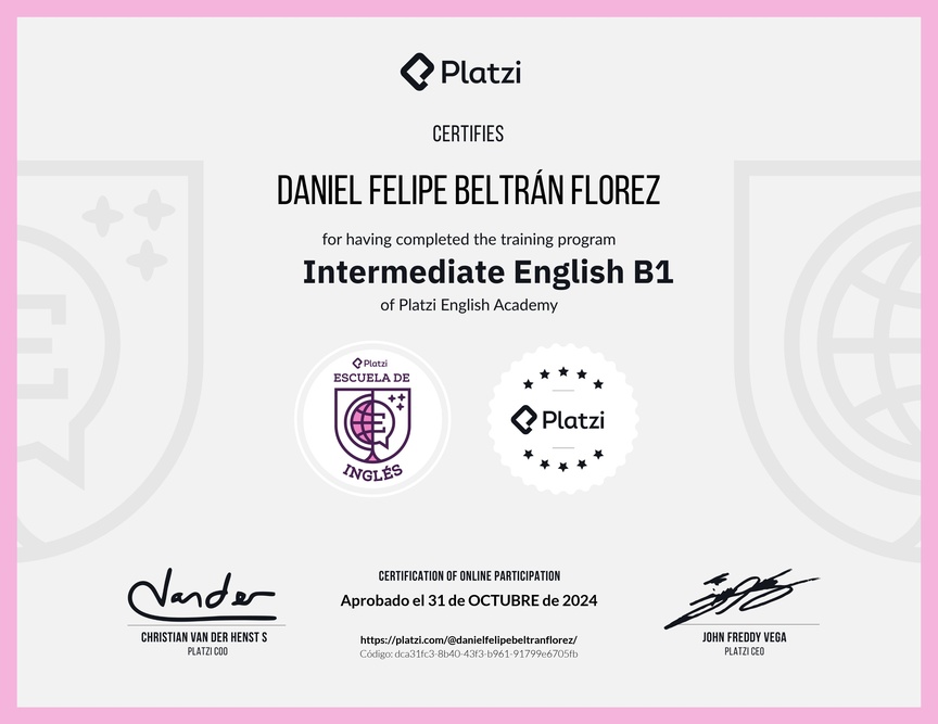 Diploma de la Ruta de Aprendizaje de Inglés Intermedio B1