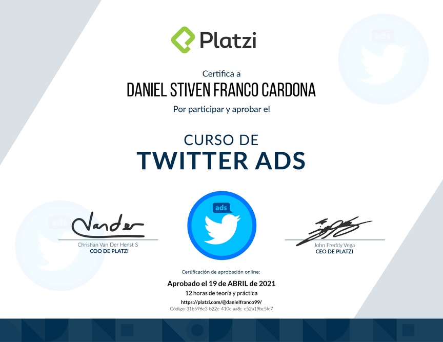 Diploma del Curso de Twitter Ads