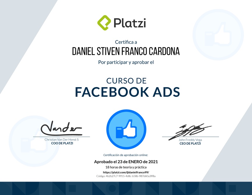 Diploma del Curso de Facebook Ads 2020