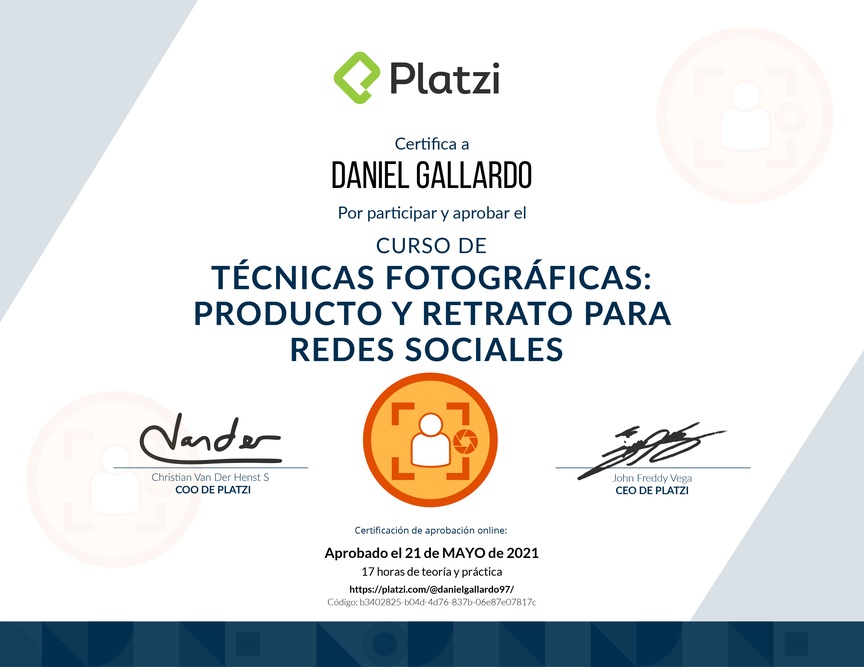Diploma del Curso de Técnicas Fotográficas para Producto y Retrato en Redes Sociales