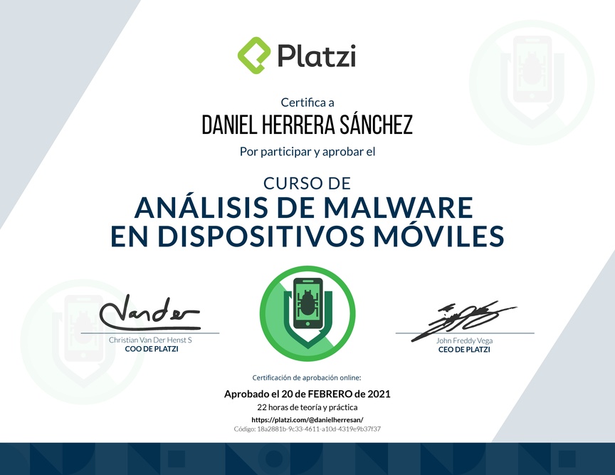 Diploma del Curso de Análisis de Malware para Dispositivos Móviles