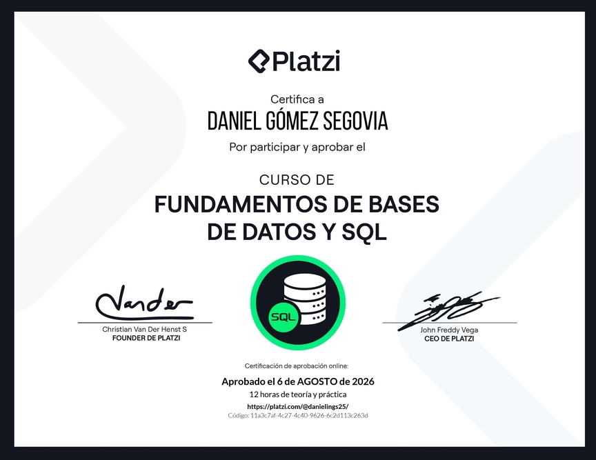 Diploma del Curso de Fundamentos de Bases de Datos y SQL