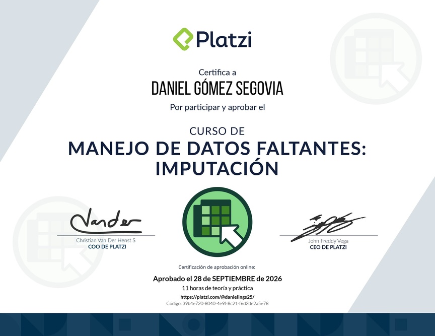 Diploma del Curso de Manejo de Datos Faltantes: Imputación