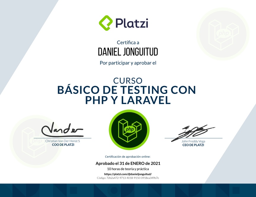 Diploma del Curso Básico de Testing con PHP y Laravel