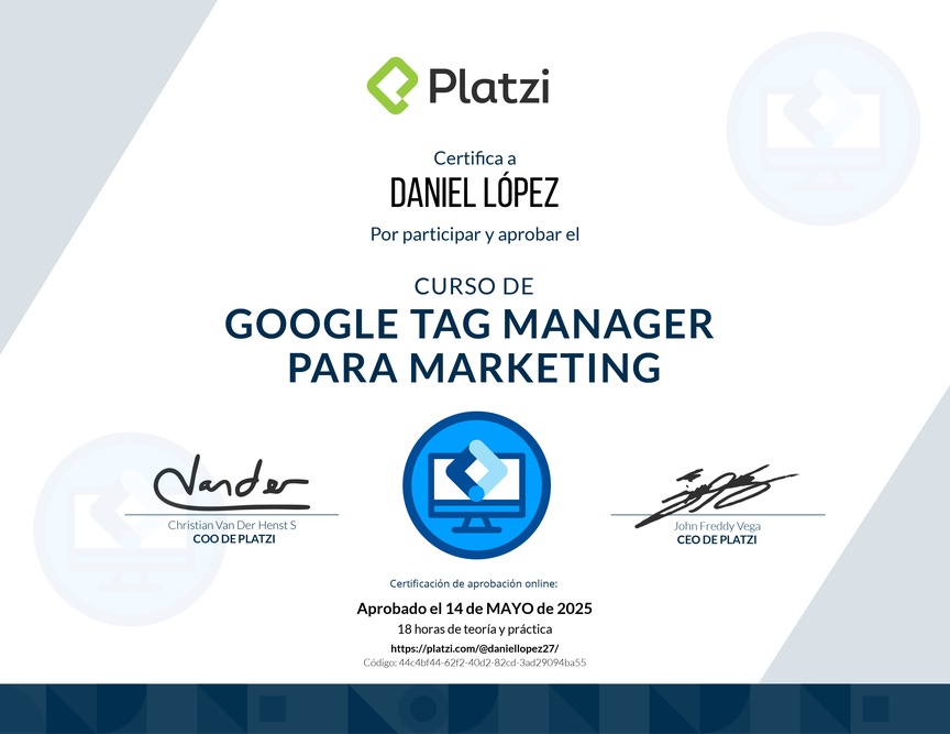 Diploma del Curso de Google Tag Manager para Marketing