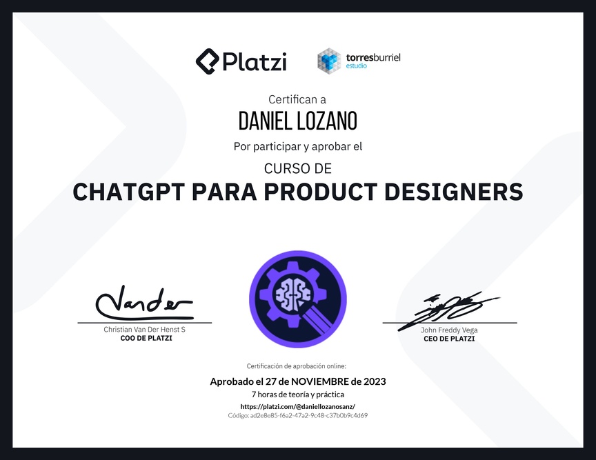 Diploma del Curso de ChatGPT para Product Designers: Diseño asistido por AI