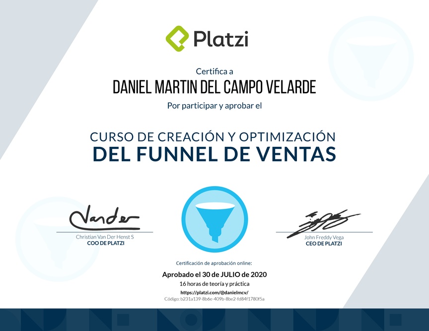 Diploma del Curso de Creación y Optimización del Funnel de Ventas 2017