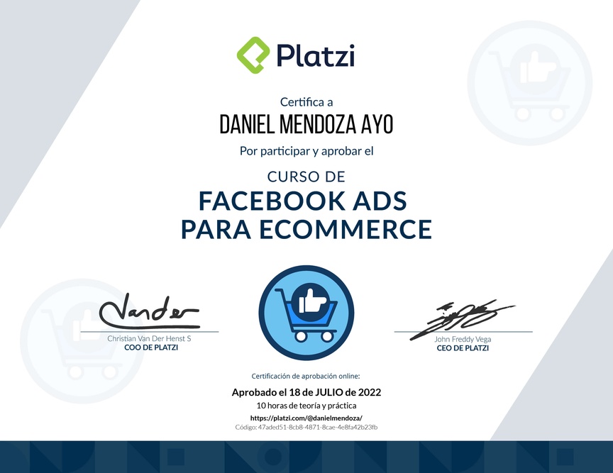 Diploma del Curso de Facebook Ads para comercios electrónicos.