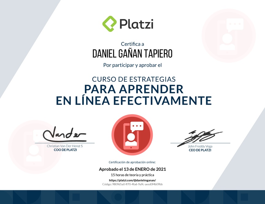 Diploma del Curso de Estrategias para Aprender en Línea Efectivamente 2019