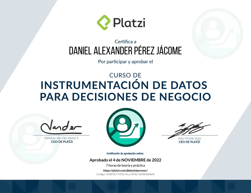 Diploma del Curso de Instrumentación de Datos para Decisiones de Negocio