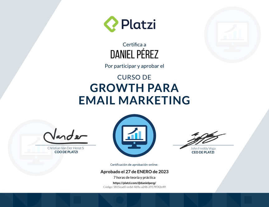 Diploma del Curso de Desarrollo de Estrategias de Growth para E-mail Marketing