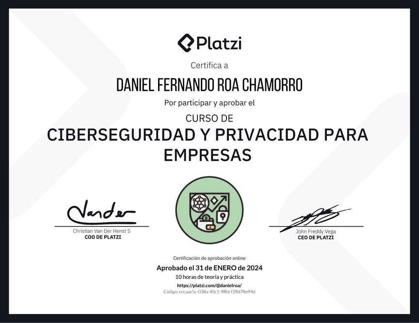 Diploma del Curso de Ciberseguridad y Privacidad Empresarial (2023)