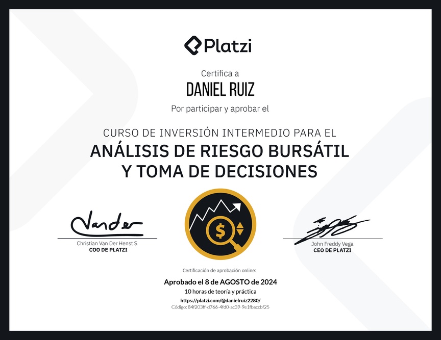 Diploma del Curso de Inversión Intermedio para el Análisis de Riesgo Bursátil y Toma de Decisiones