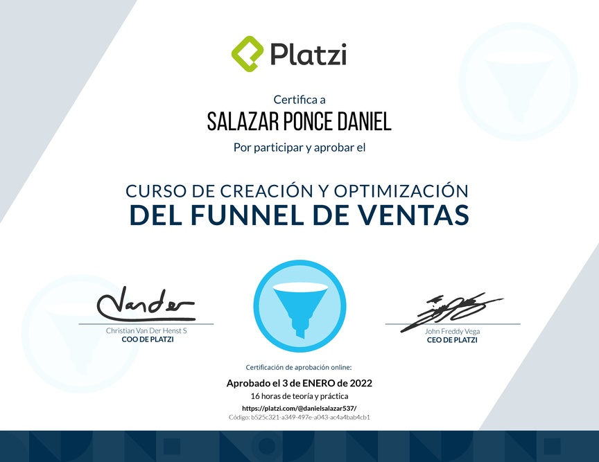 Diploma del Curso de Creación y Optimización del Funnel de Ventas 2017