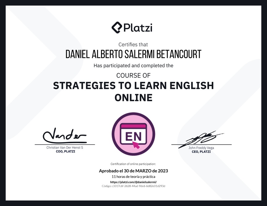 Diploma del Curso Gratis de Estrategias para Aprender Inglés en Línea