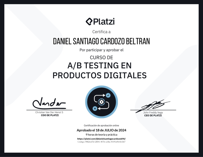 Diploma del Curso de A/B Testing en Productos Digitales