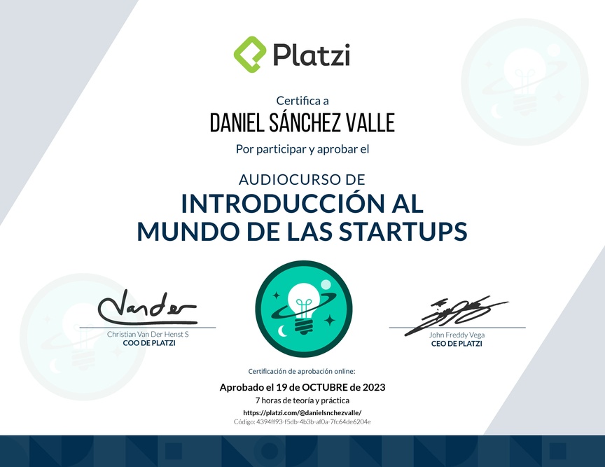 Diploma de Audiocurso de Introducción al Mundo de las Startups
