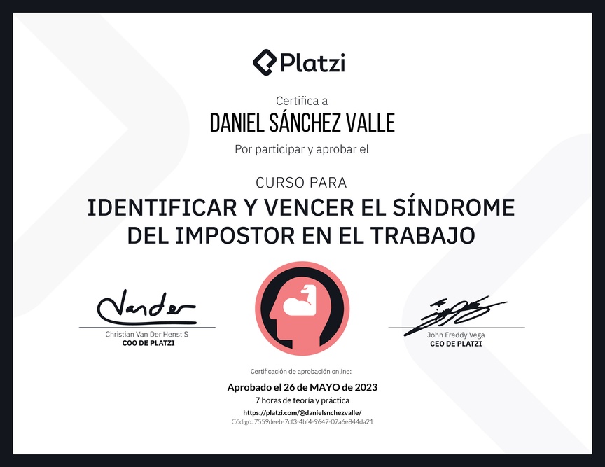 Diploma del Curso para Identificar y Vencer el Síndrome del Impostor