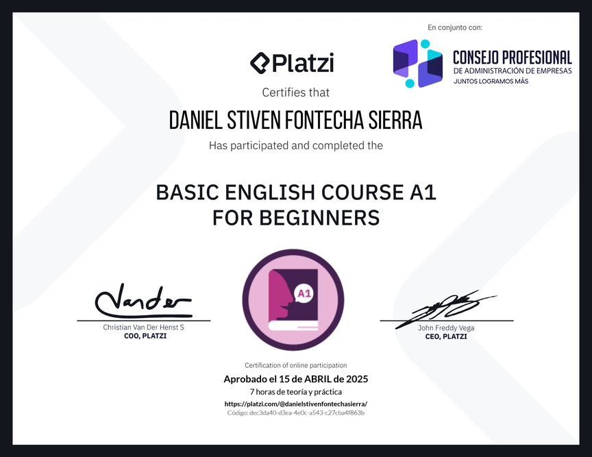 Diploma del Curso de Inglés Básico A1 para Principiantes