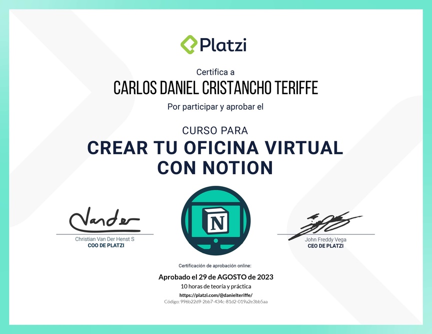 Diploma del Curso para Crear tu Oficina Virtual con Notion