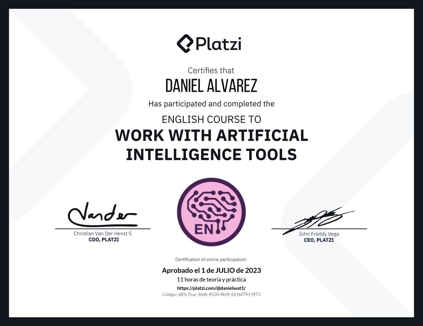 Diploma del Curso de Inglés para el Uso de Inteligencia Artificial