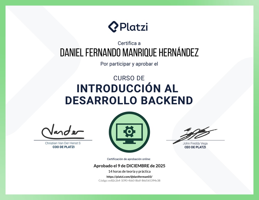 Diploma del Curso de Introducción al Desarrollo Backend