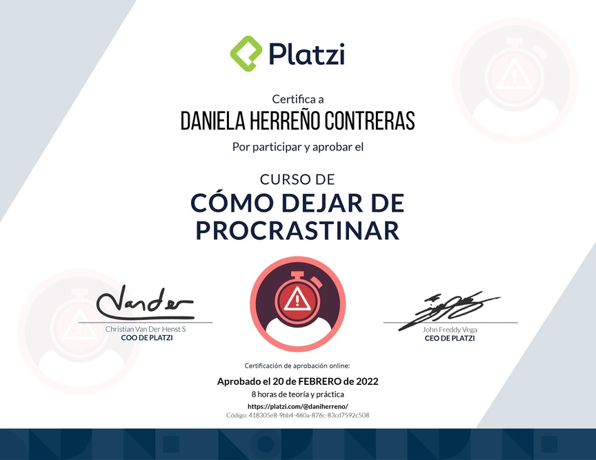 Diploma del Curso de Cómo Dejar de Procrastinar