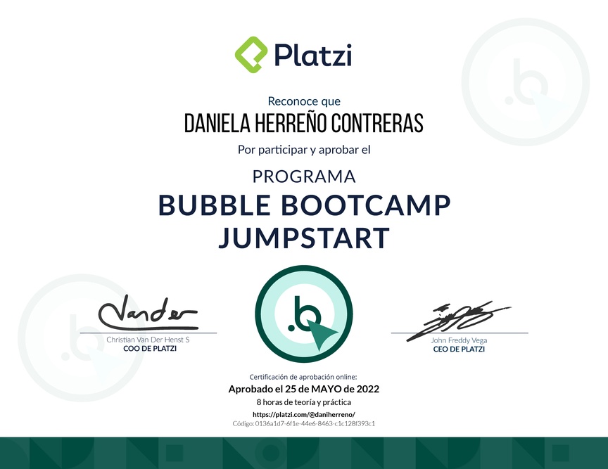 Diploma de Bubble x Platzi Jumpstart Bootcamp