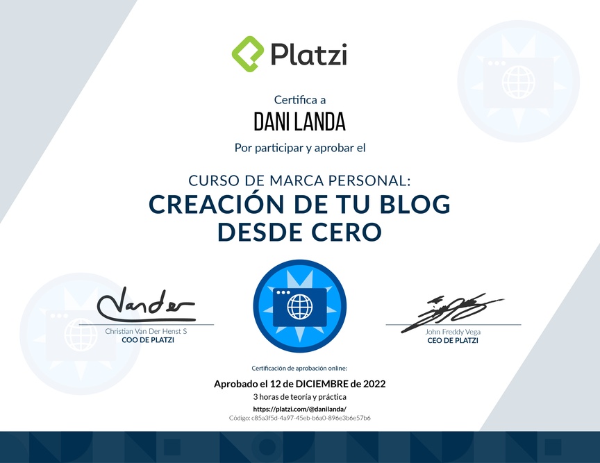 Diploma del Curso de Creación y Gestión de Blogs para Marca Personal