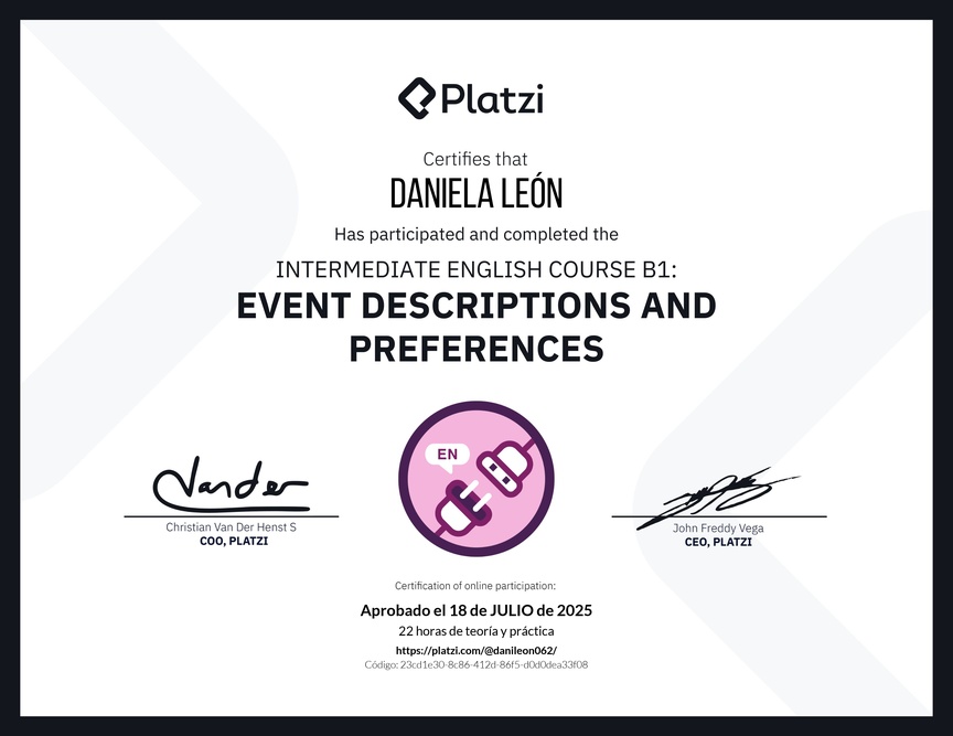 Diploma del Curso de Inglés Intermedio B1: Descripción de Eventos y Preferencias