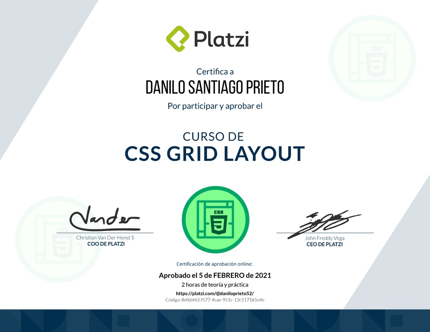 Diploma del Curso de CSS Grid Layout 2017