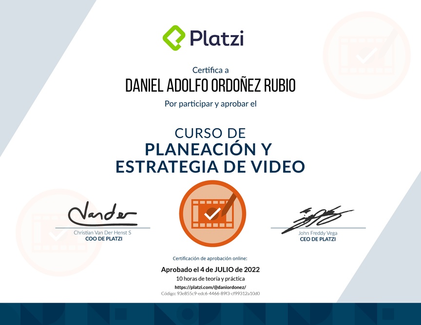 Diploma del Curso de Planeación y Estrategia de Video