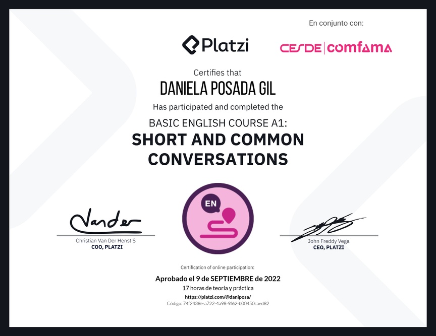Diploma del Curso de Inglés Básico A1: Conversaciones Cortas y Habituales (2020)