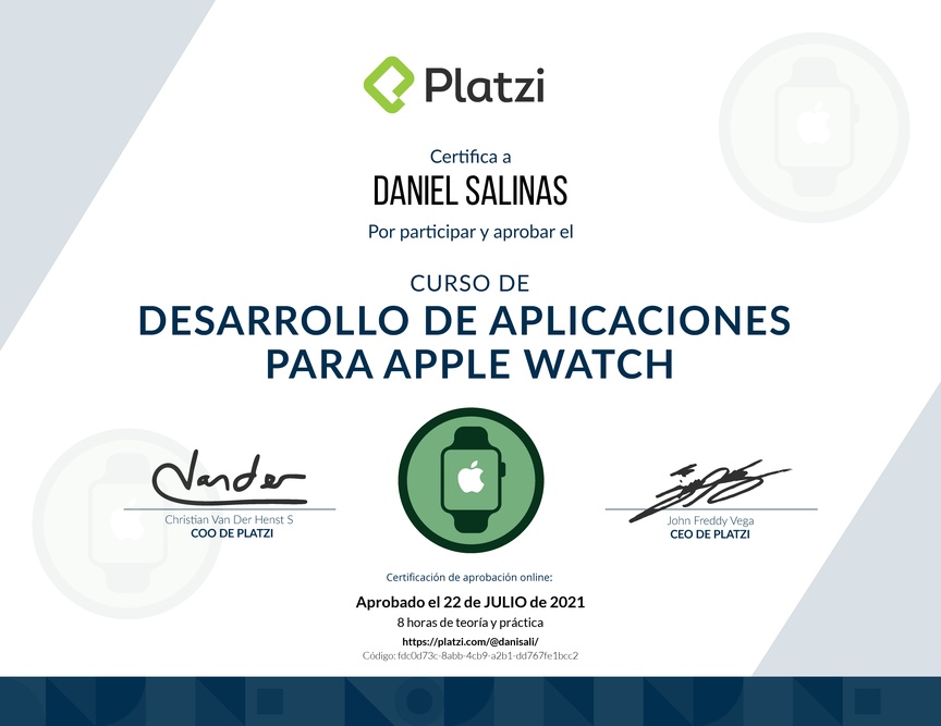 Diploma del Curso de Desarrollo de Aplicaciones para Apple Watch