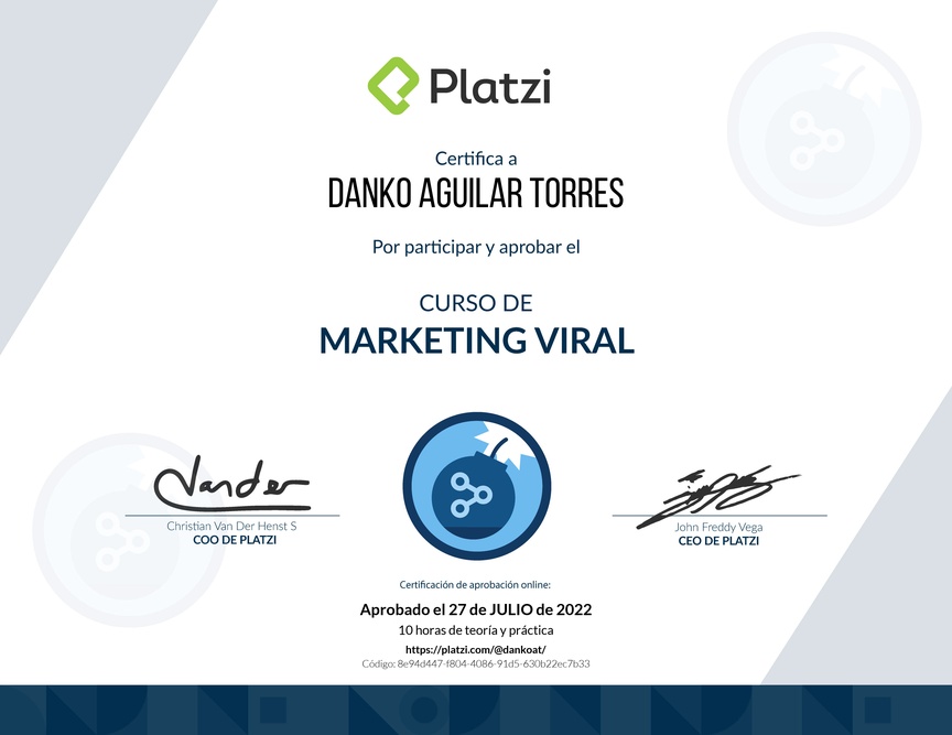 Diploma del Curso de Creación de Contenido Viral para Marketing con Jonah Berger