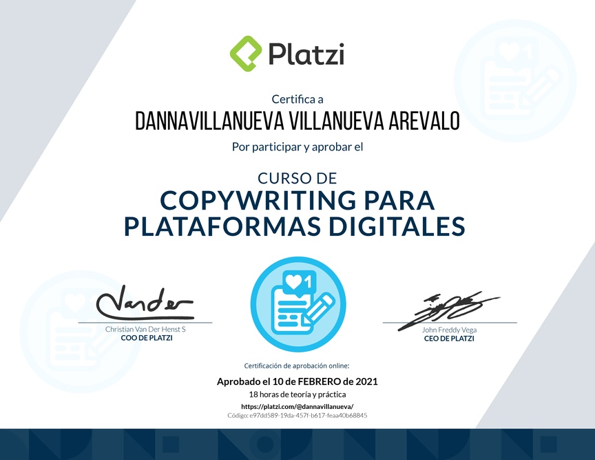 Diploma del Curso de Copywriting para Plataformas Digitales