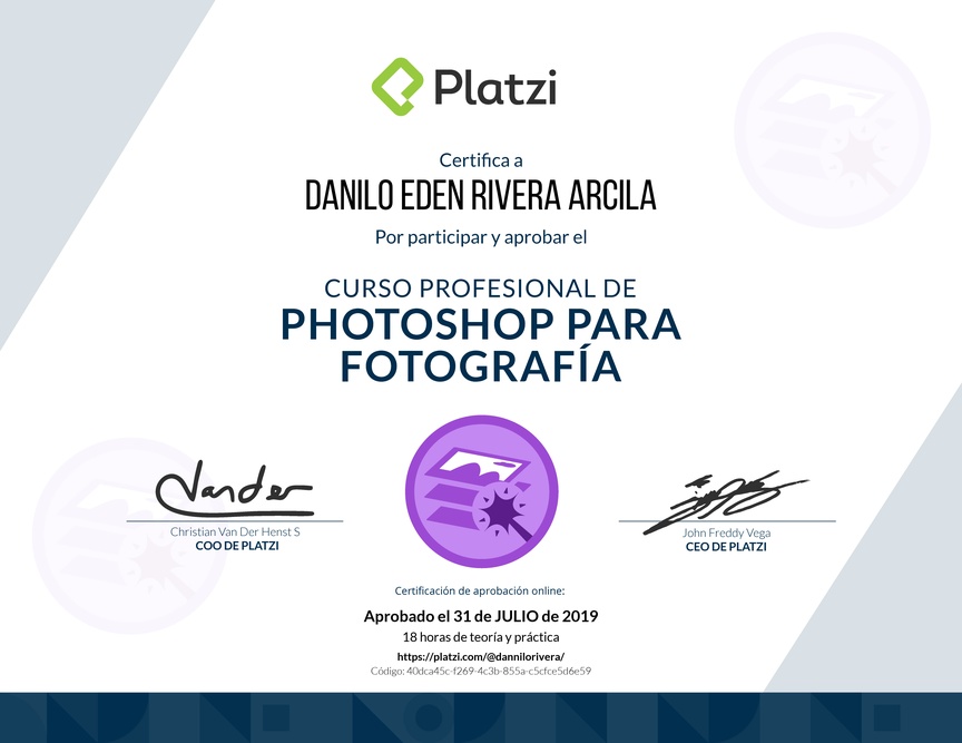 Diploma del Curso de edición de fotografías con Photoshop