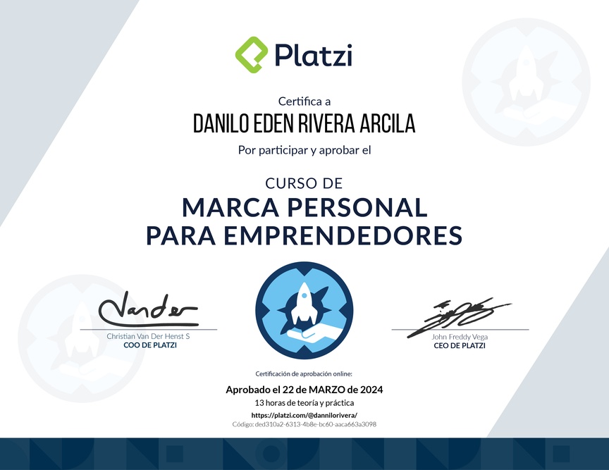 Diploma del Curso de Marca Personal para Emprendedores