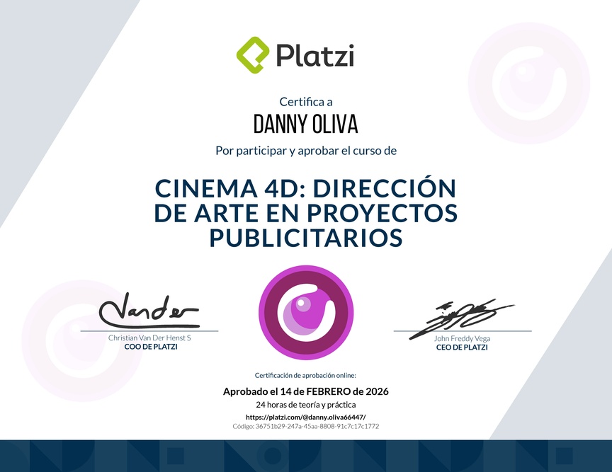Diploma del Curso de Cinema 4D en dirección de arte publicitaria