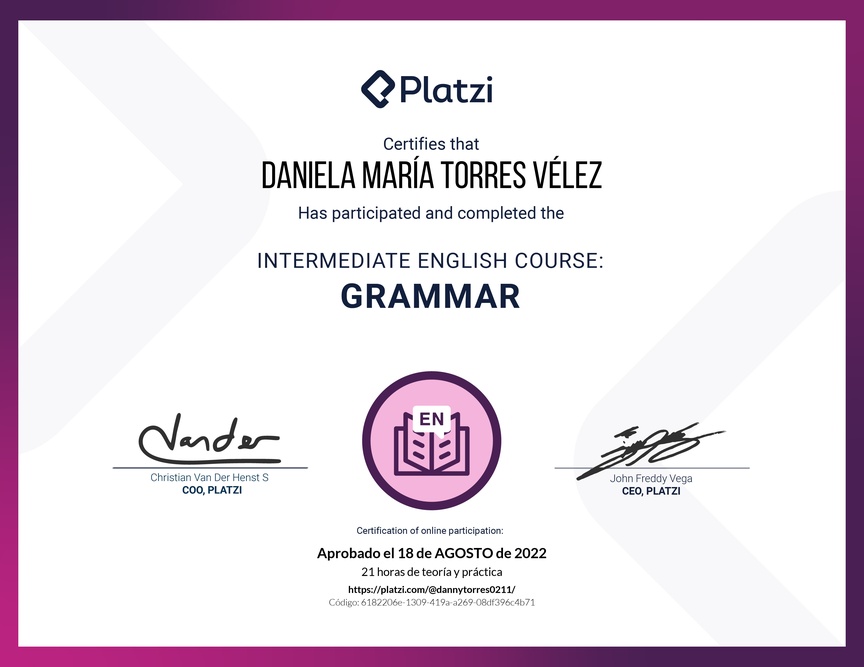 Diploma del Curso Intermedio de Gramática en Inglés (2020)