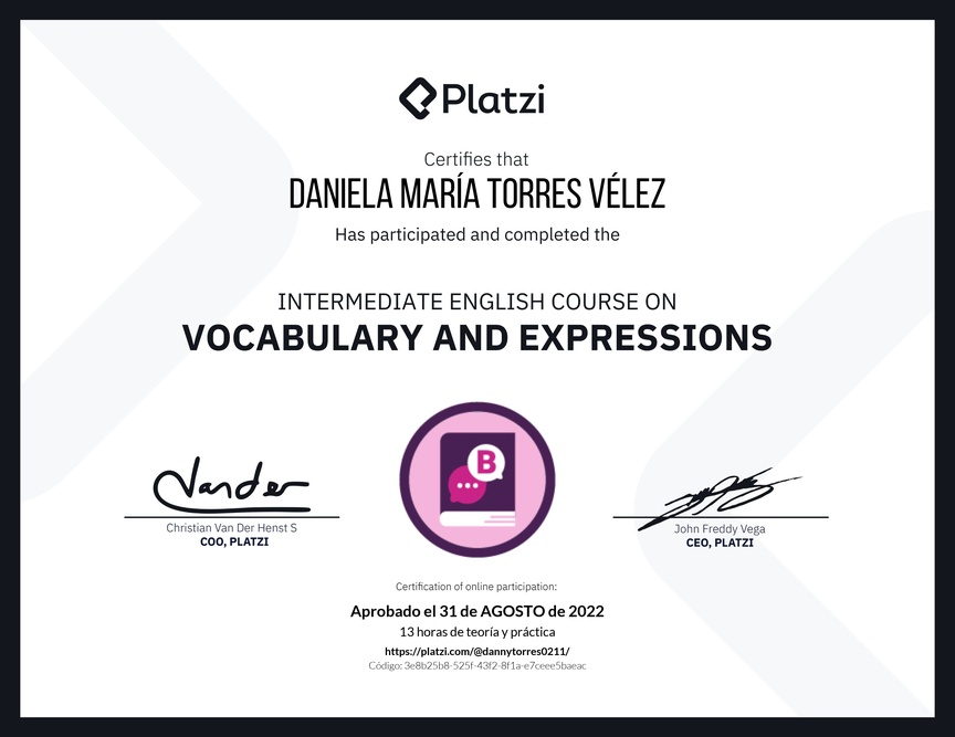 Diploma del Curso Intermedio de Vocabulario y Expresiones en Inglés