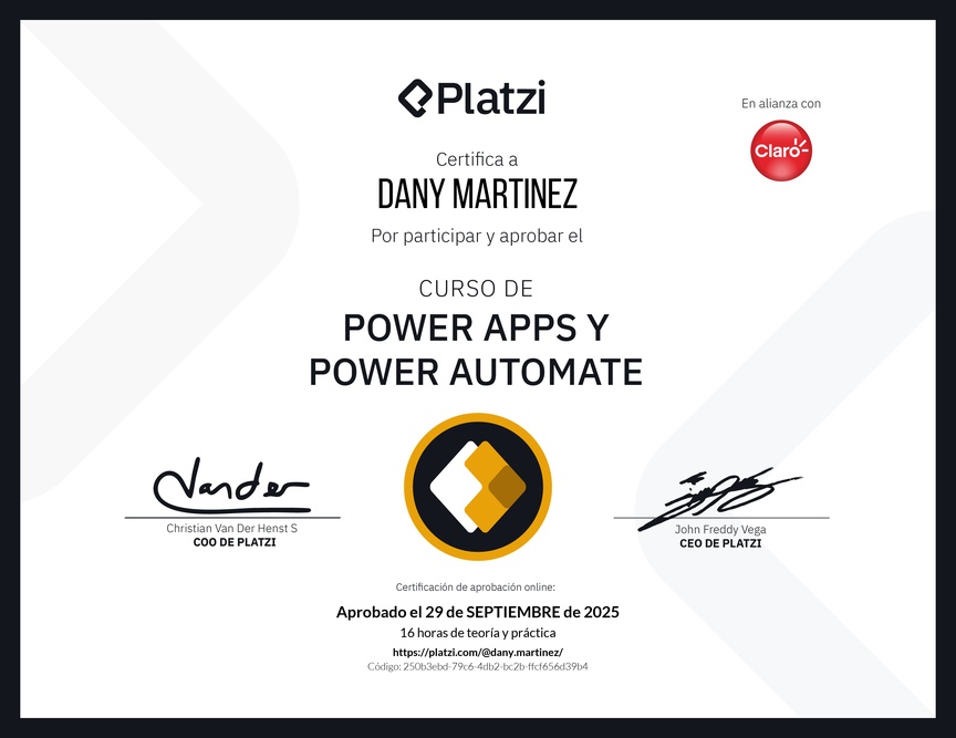 Diploma del Curso de Power Apps y Power Automate